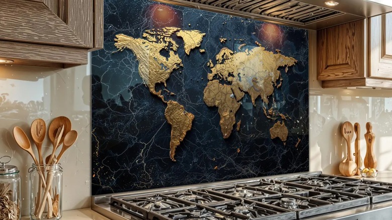 tempered map glass backsplash in kitchen