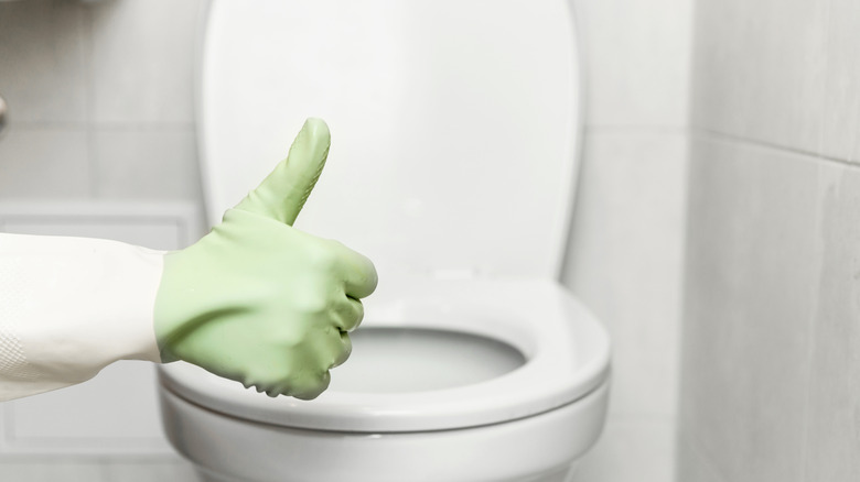 Thumbs up in front of toilet
