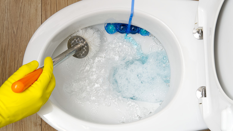 A person wearing yellow gloves and cleaning a toilet bowl 