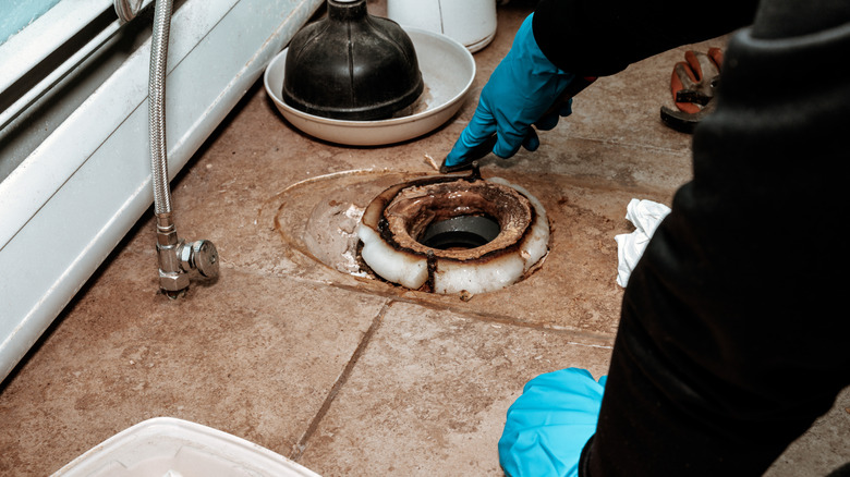 A close-up shot shows a plumber removing a toilet wax ring from the floor