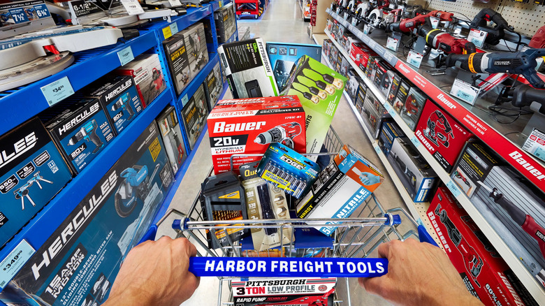 Harbor Freight shopping cart holding products from many brands
