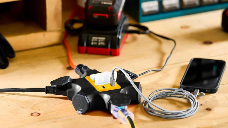 Vanguard five-outlet power hub on a workbench