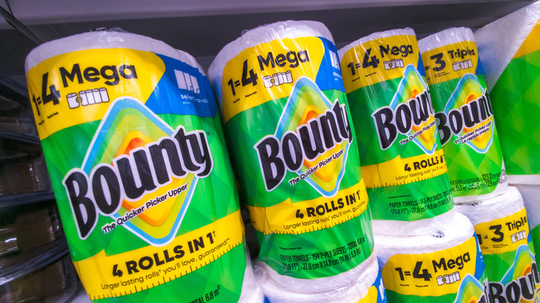Close-up of Bounty Paper towels on shelf at store