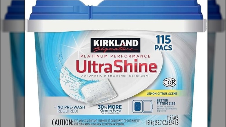 Product shot of Kirkland Signature Platinum Performance UltraShine Dishwasher Detergent Pacs