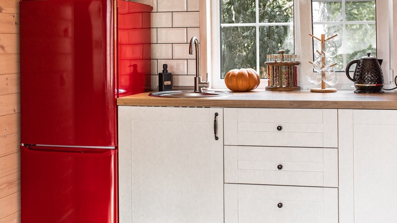 Red bottom-freezer refrigerator