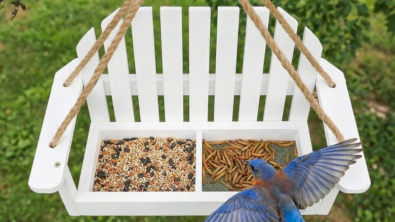 Top view of Solution4Patio White Swing Bird Feeder hanging in garden