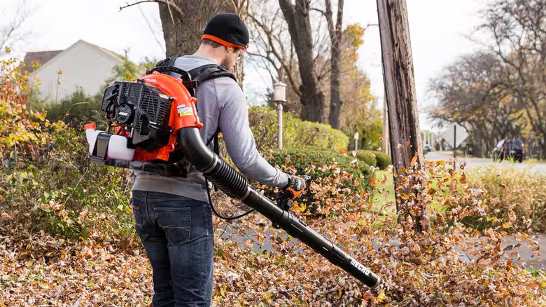 A man uses an ECHO 2-Stroke Backpack Leaf Blower in a front yard