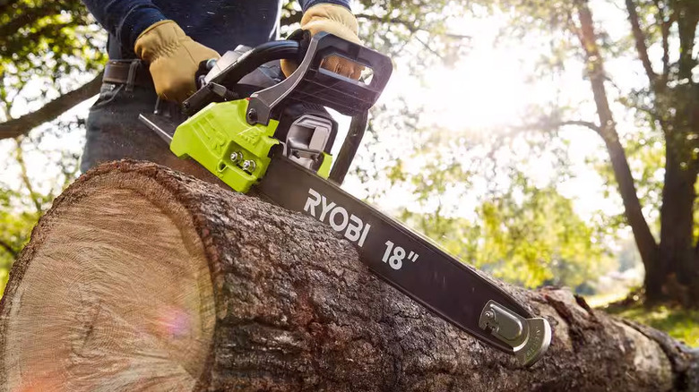 A man uses an 18" Ryobi Gas Chainsaw to cut a large felled tree