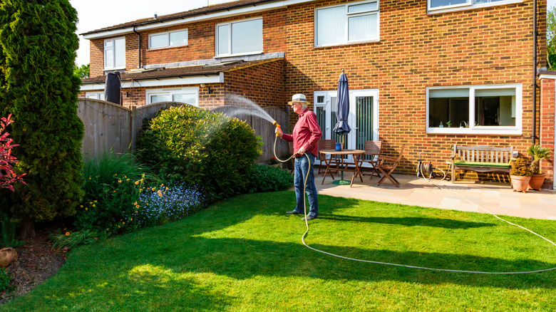 A person watering a flower garden with a hose