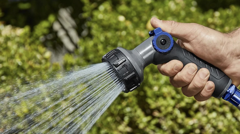 A man uses Niagara's thumb control nozzle to water plants