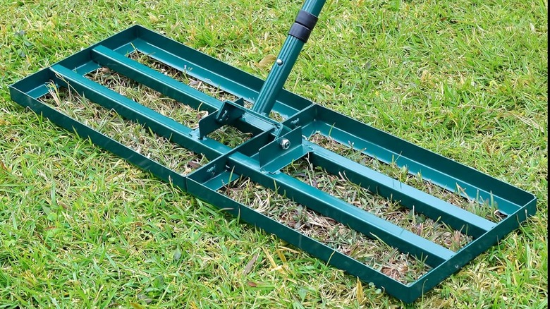 A Hidalife lawn leveling rake on grass