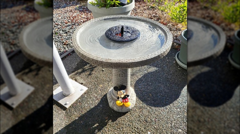 Disney Mickey Coastal 20-inch Polypropylene Complete Birdbath with a solar fountain added to the basin