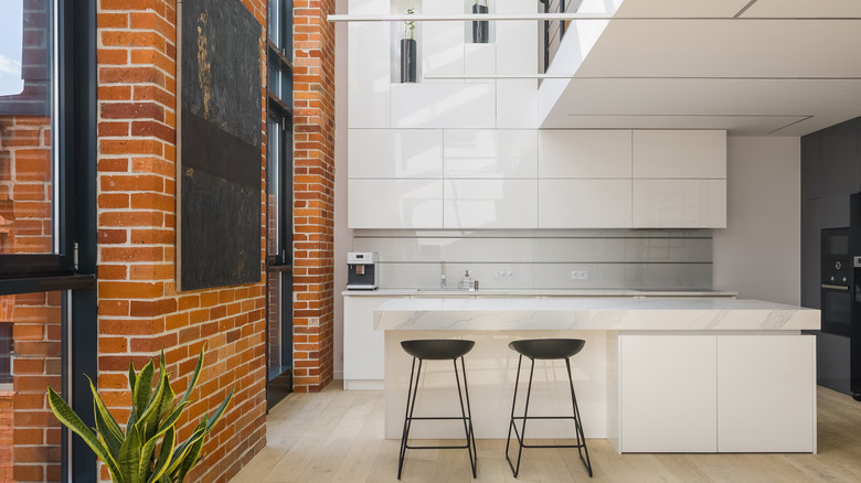 exposed brick wall in kitchen