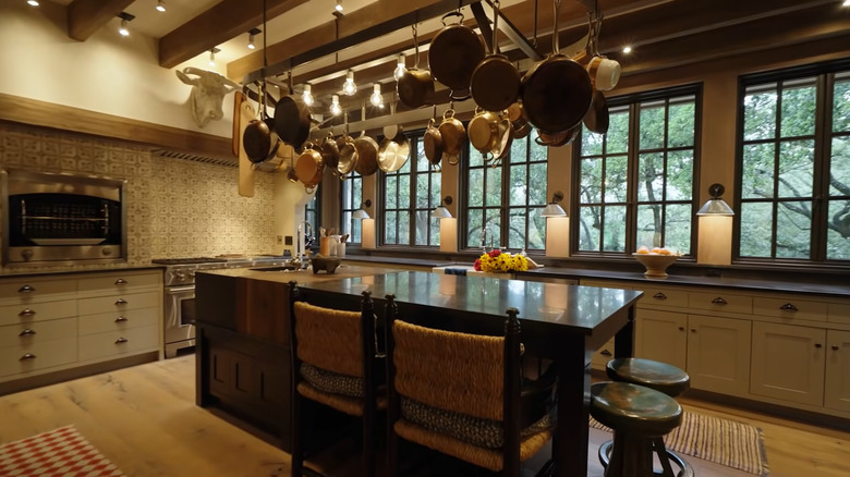 kitchen island with pots