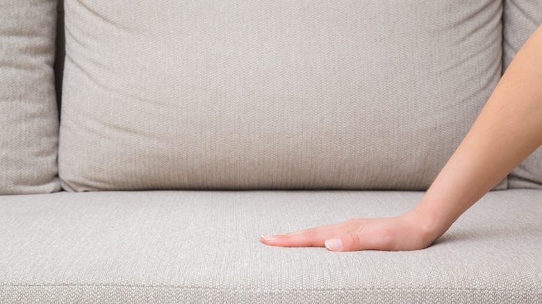 person touching fabric couch