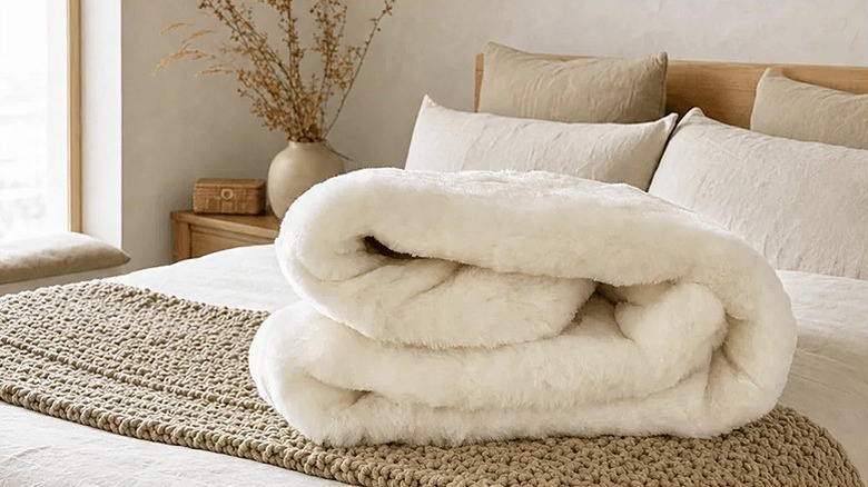 A pure wool overlay folded on a bed with white sheets and a brown runner.