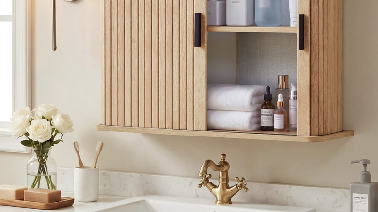 A bathroom cabinet with fluted wood sliding doors above the vanity with sink in a modern home.