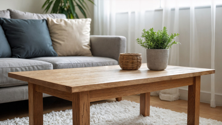 A large rectangular wooden coffee table with a small house plant and mini basket on it, with a slightly soft focus grey sofa with blue and cream cushions behind it.
