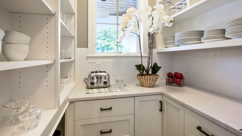 white butler pantry with toaster