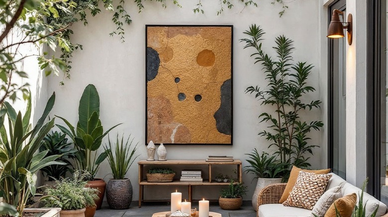 Large canvas art painting in outdoor patio area