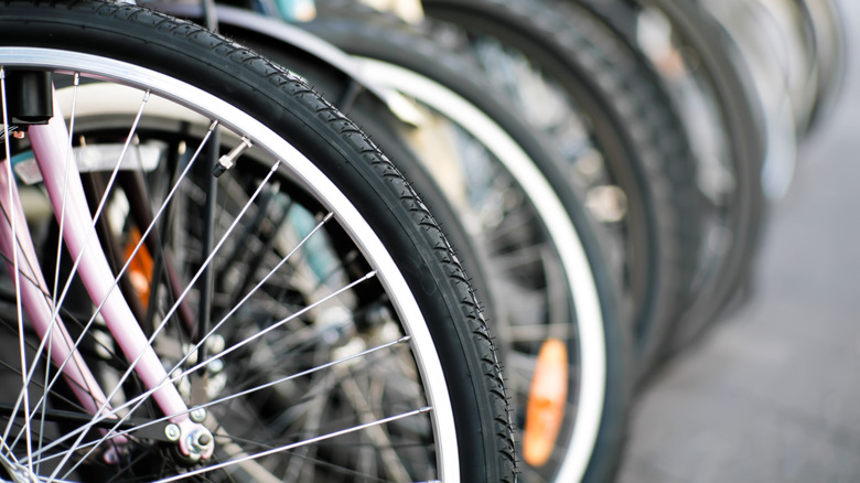 Bicycles lined up in a row, showing the front tires.