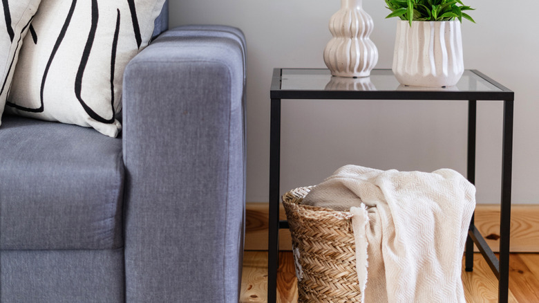 Glass table with gray couch and plants