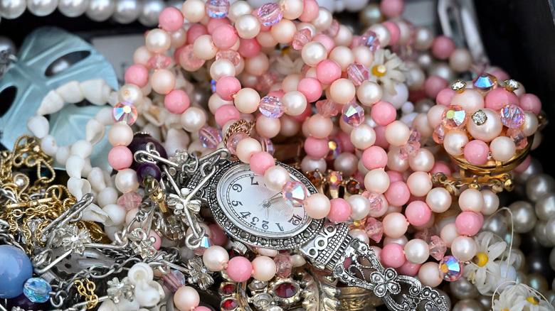 Messy jewelry on a counter