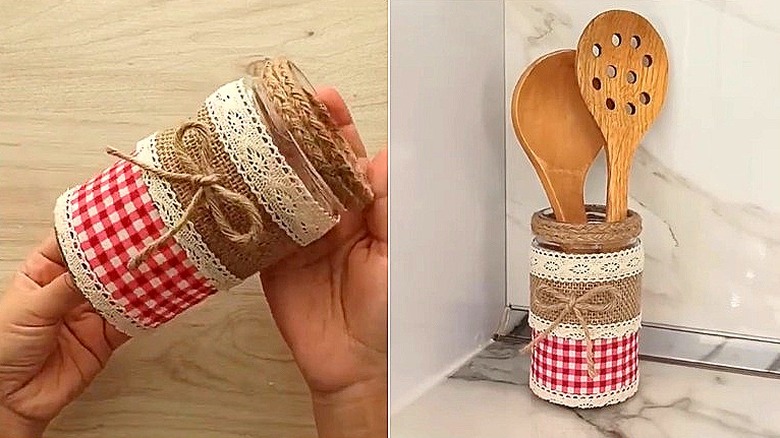 Split image of the final jar design, and then the jar holding untensils
