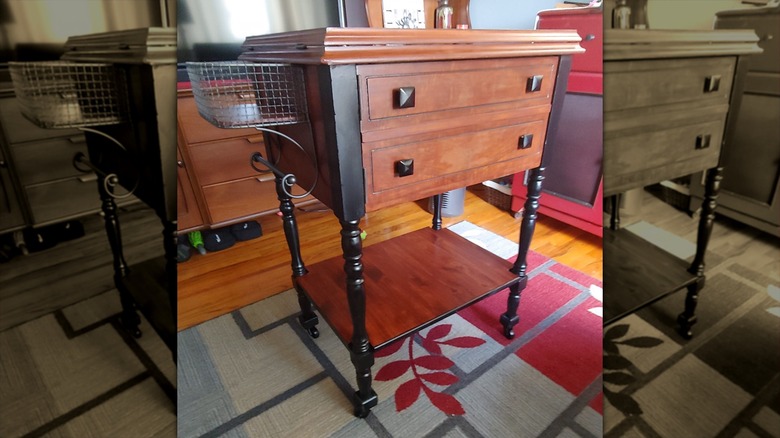 A simple kitchen island made from a sewing cabinet