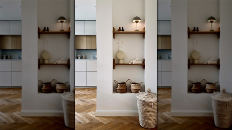 Wall niche filled with IKEA shelves