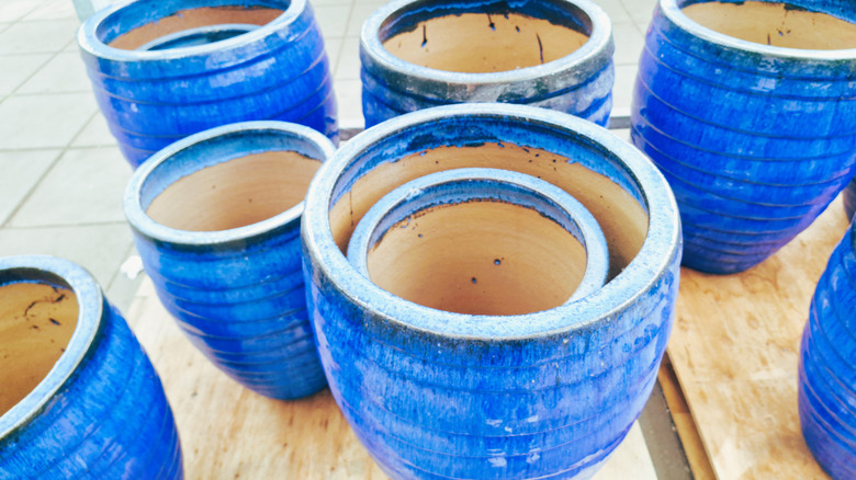 A bunch of blue ceramic planter pots
