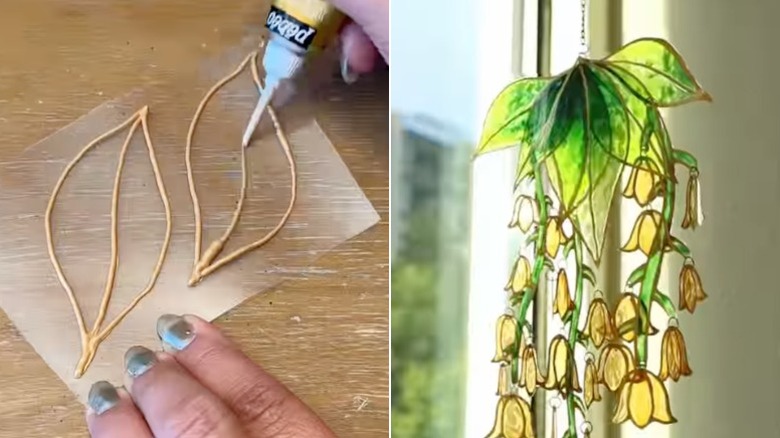 Drawing leaves onto plastic using gold relief paint and a suncatcher hanging in a sunny window in a home.