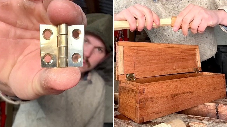 Split image of a person show a hinge close to the camera, and the finished look of the toolbox design