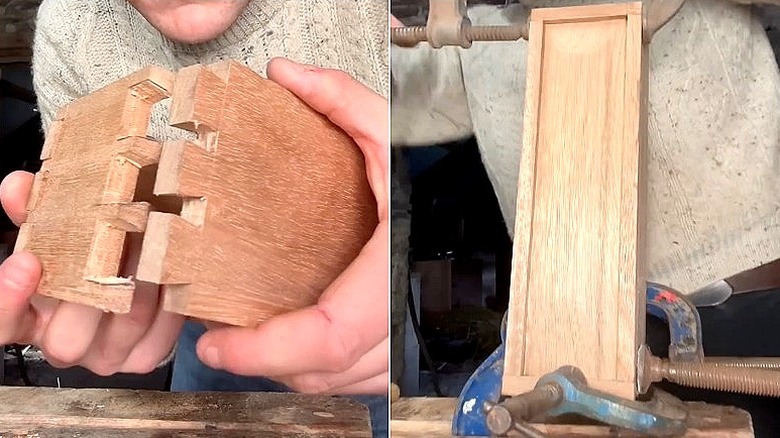 Split views of demonstrator adjoining the frame's finger joints and then securing the base with C-clamps