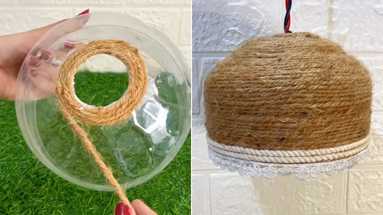 A pendant lampshade made from a plastic bottle, jute twine, and crafting embellishments hangs in a room.