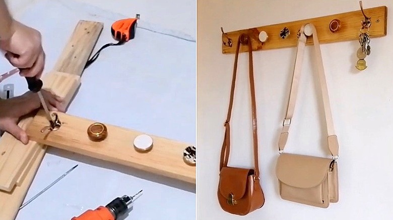 Split image of door knobs being added to a piece of wood, and purses and a set of keys hanging on an entryway rack made with a board and cabinet door knobs