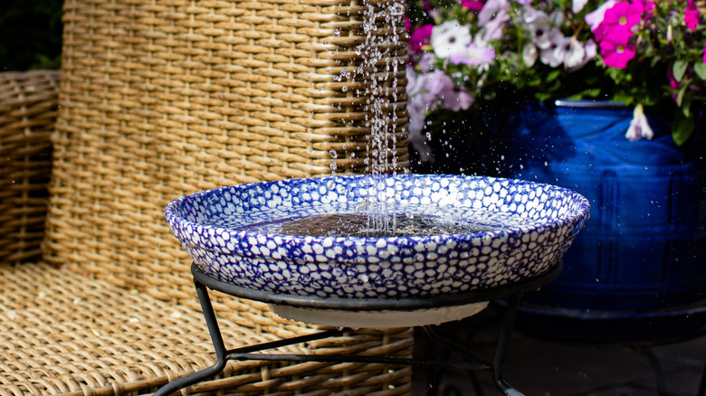 A vintage bowl sits atop a stand so it can be used as a bird bath while a solar fountain shoots water up from the bowl.