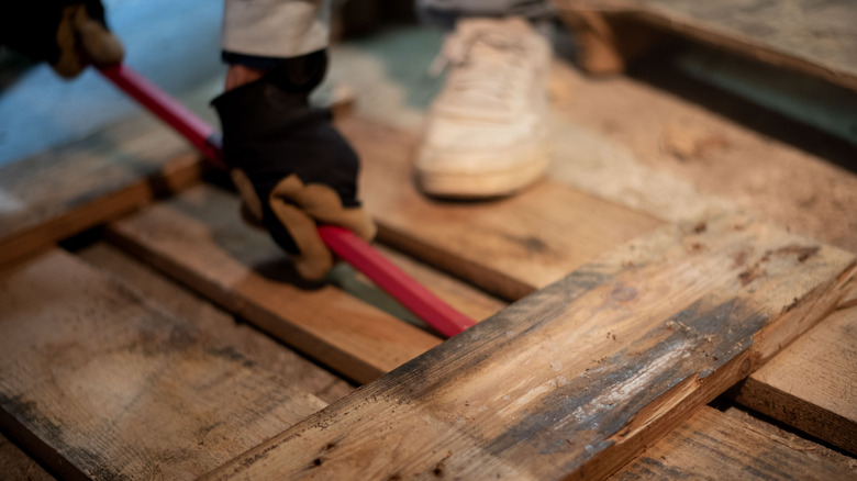 hands holding a pry bar under a wood pallet plank and a foot holding down the pallet