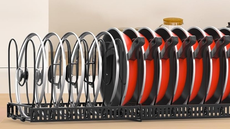 A full pot and pan cabinet organizer