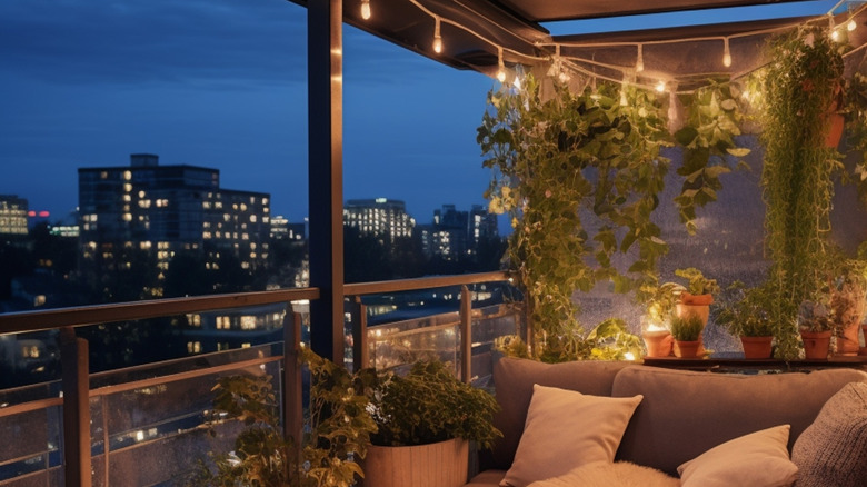 Small patio with plants and string lights