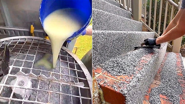 Split image of resin-bound aggregate being prepared, and a person applying resin-bound gravel to cover brick stairs