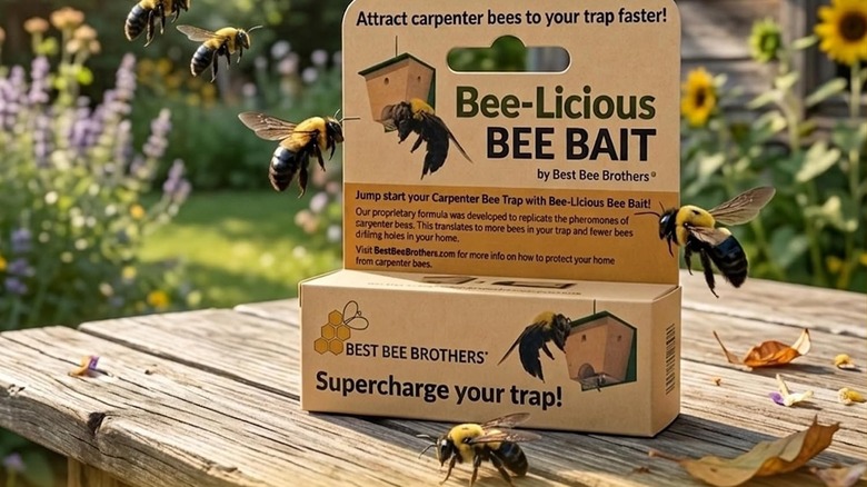 A box of Best Bee Brothers Bee-Licious Bee Bait sitting on a wood table