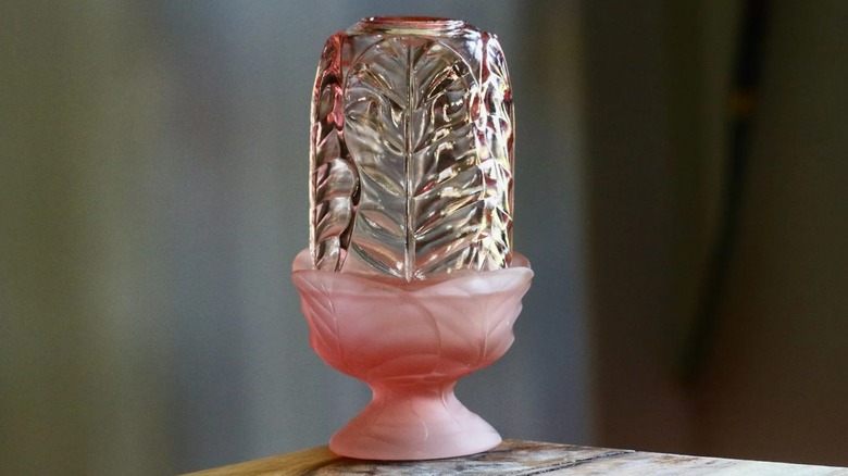 A pink viking glass leaf fairy lamp