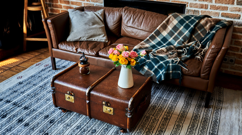 A vintage chest styled as a coffee table