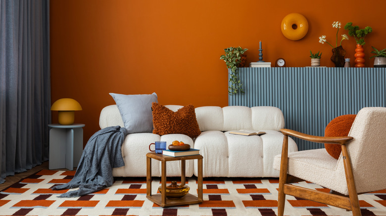 A stylish vintage living room with geometric flooring