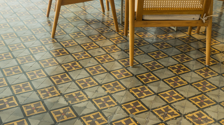 Close-up of vintage patterned vinyl flooring