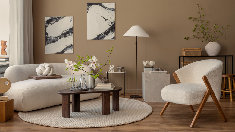 boucle couch and chair in living room