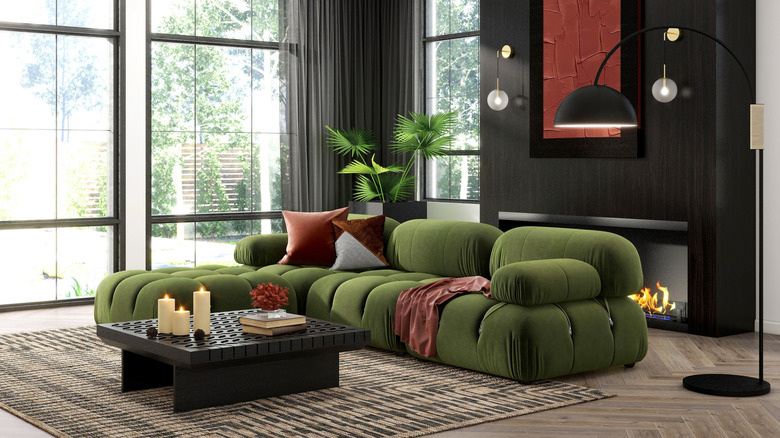 Modular modern olive green sectional in living room