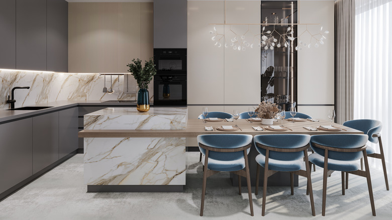 kitchen island with blue chairs