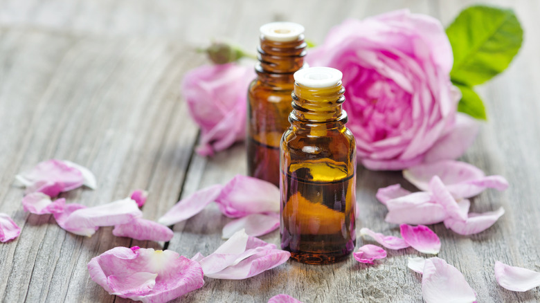 essential oil bottles and rose